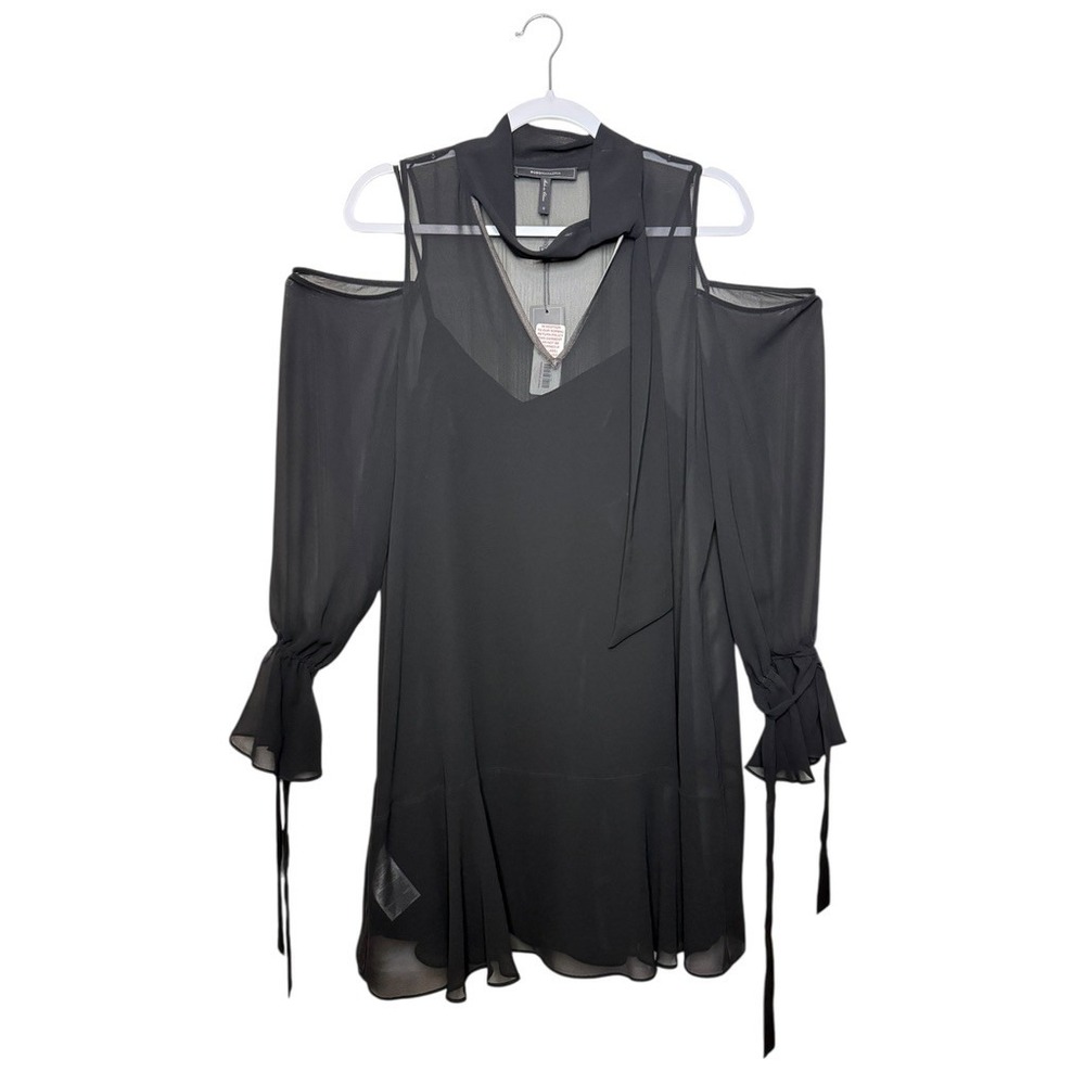 BCBGMAXAZRIA Arieta Black Sheer Cold Shoulder‎ Dress with Tie Sleeves Size S NWT